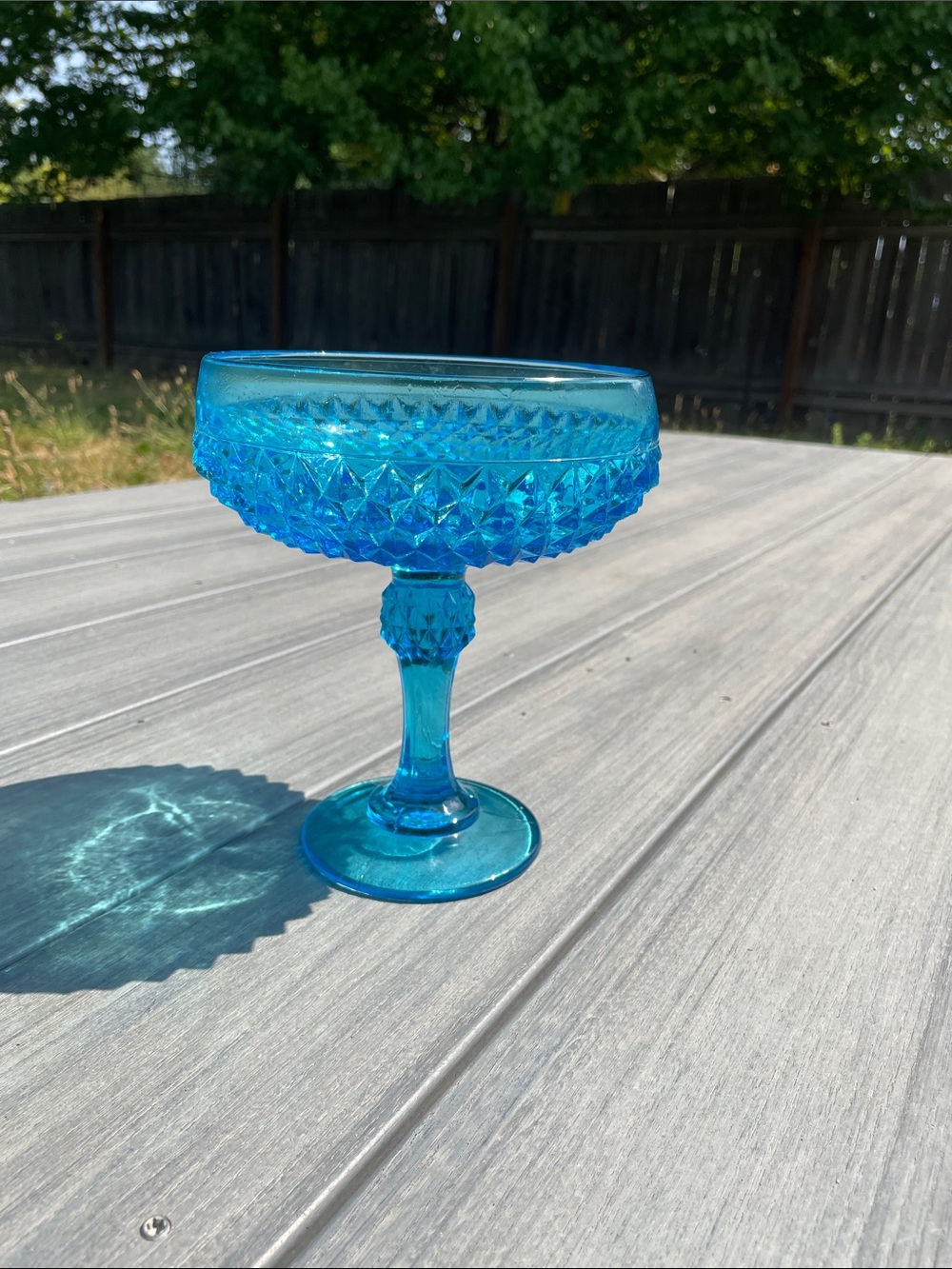 Vintage Blue Pressed Glass Compote - Diamond Pattern